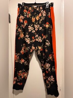 LuLaRoe Black Floral Joggers with Orange Stripe | Size XXL